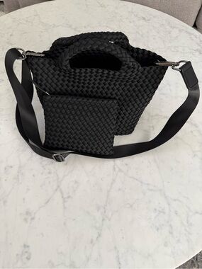 Naghedi St Barths Mini Tote Black Woven Neoprene Crossbody Bag w/ Pouch